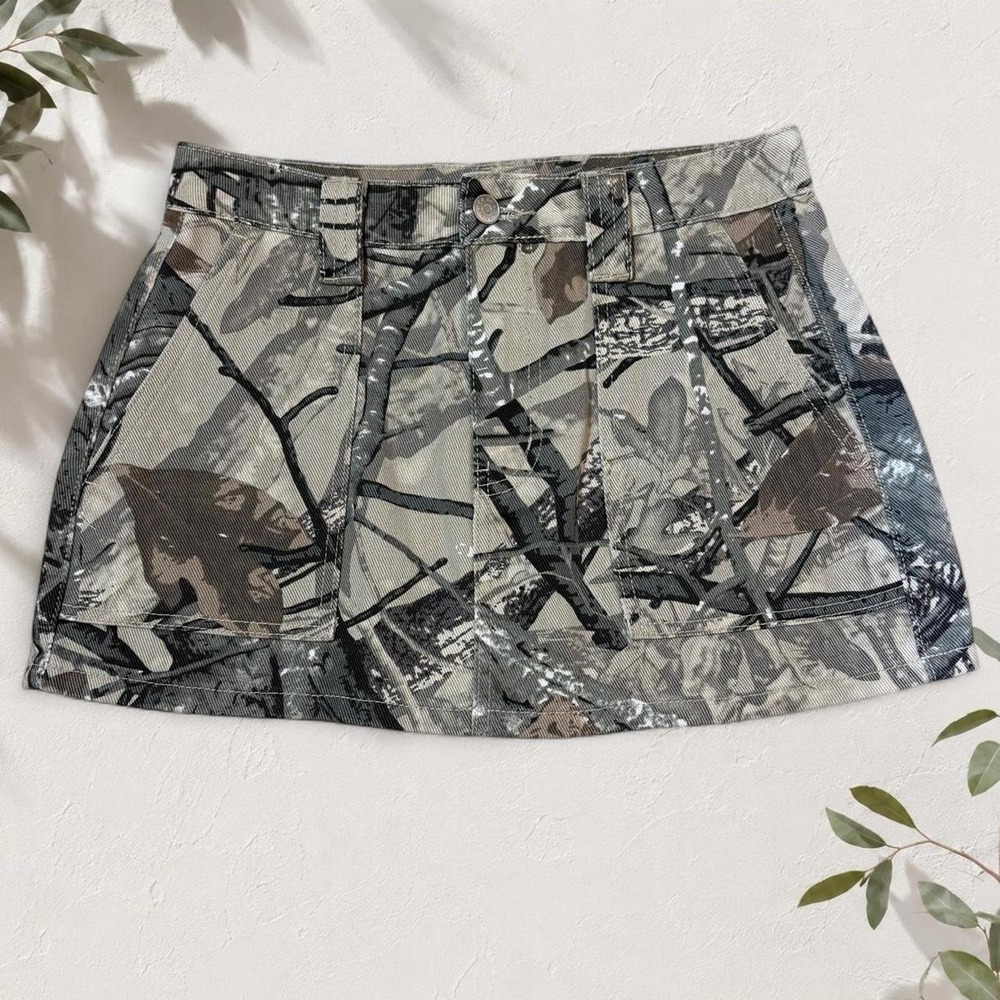Refrain Los Angeles Y2K Camo Mini Skirt Black Gray Camouflage Size 1/25